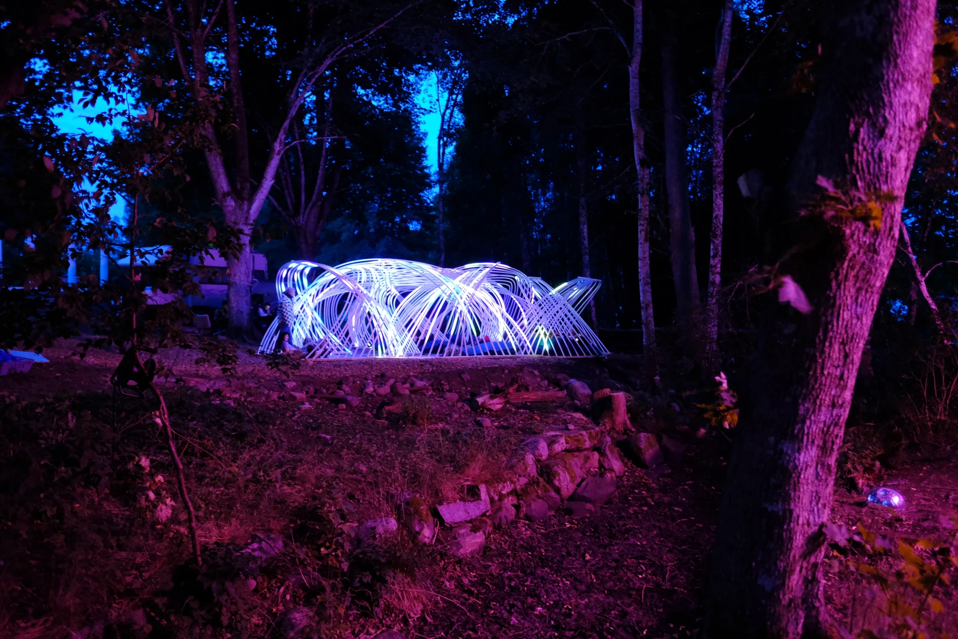 Kagora glows violet and white beyond a low stone wall, surrounded by tree trunks and blue evening light.