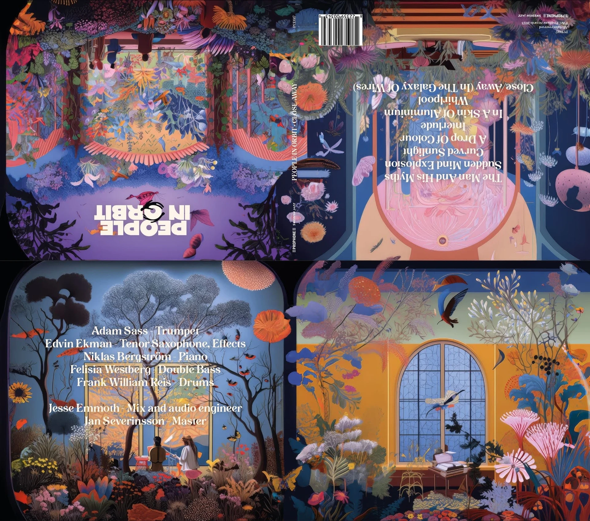 The Close/Away digipack spread: front, back, tracklist and credits panels, some rotated for printing.
