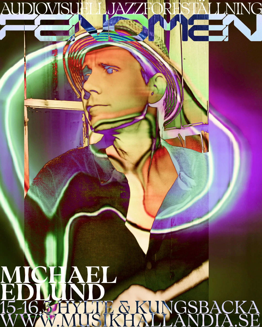 Campaign portrait of Michael Edlund, the face overlaid with flowing neon lines under the Fenomen title.