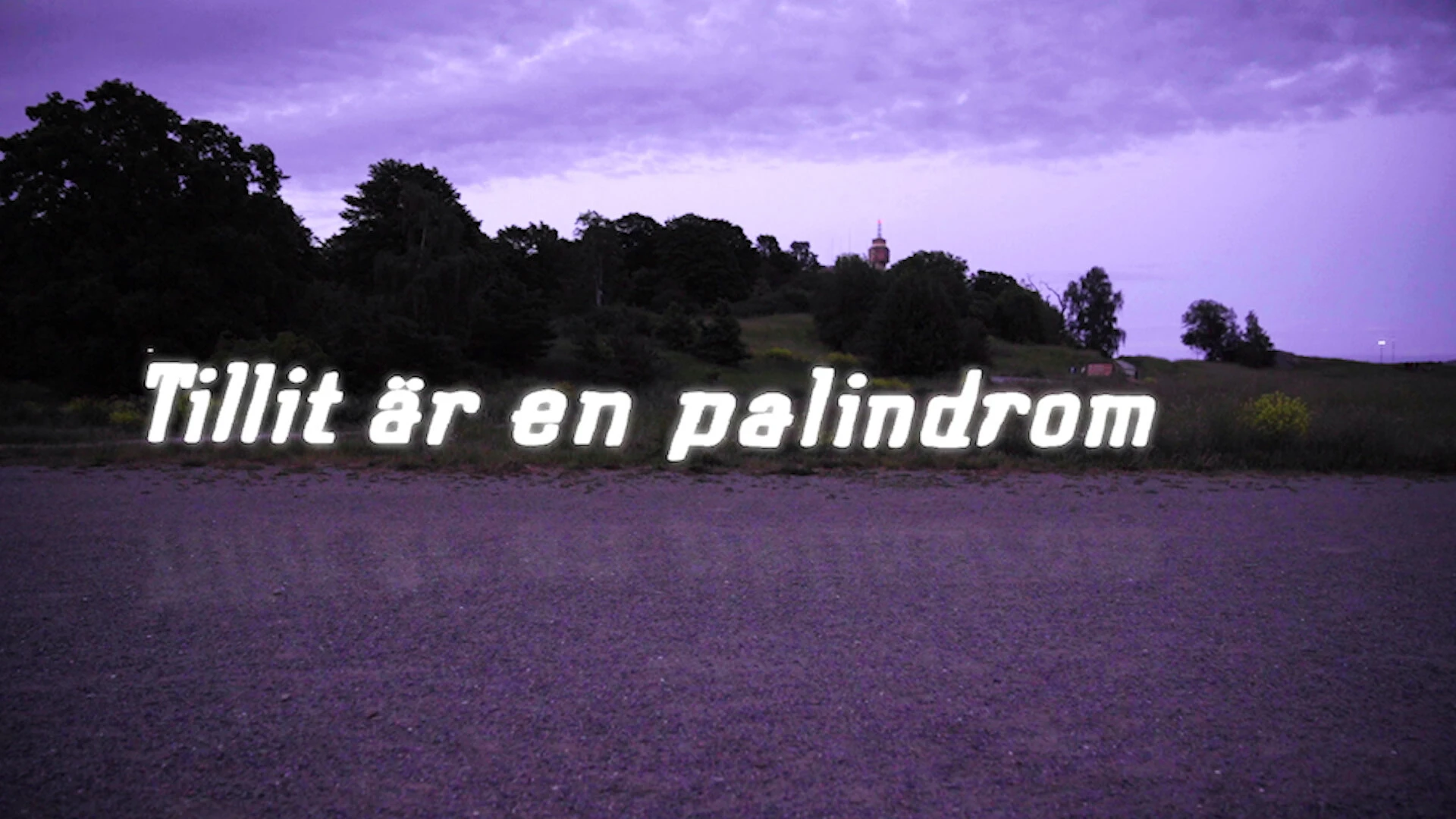 The words Tillit är en palindrom hang in bright handwritten light above open ground under a violet dusk sky.