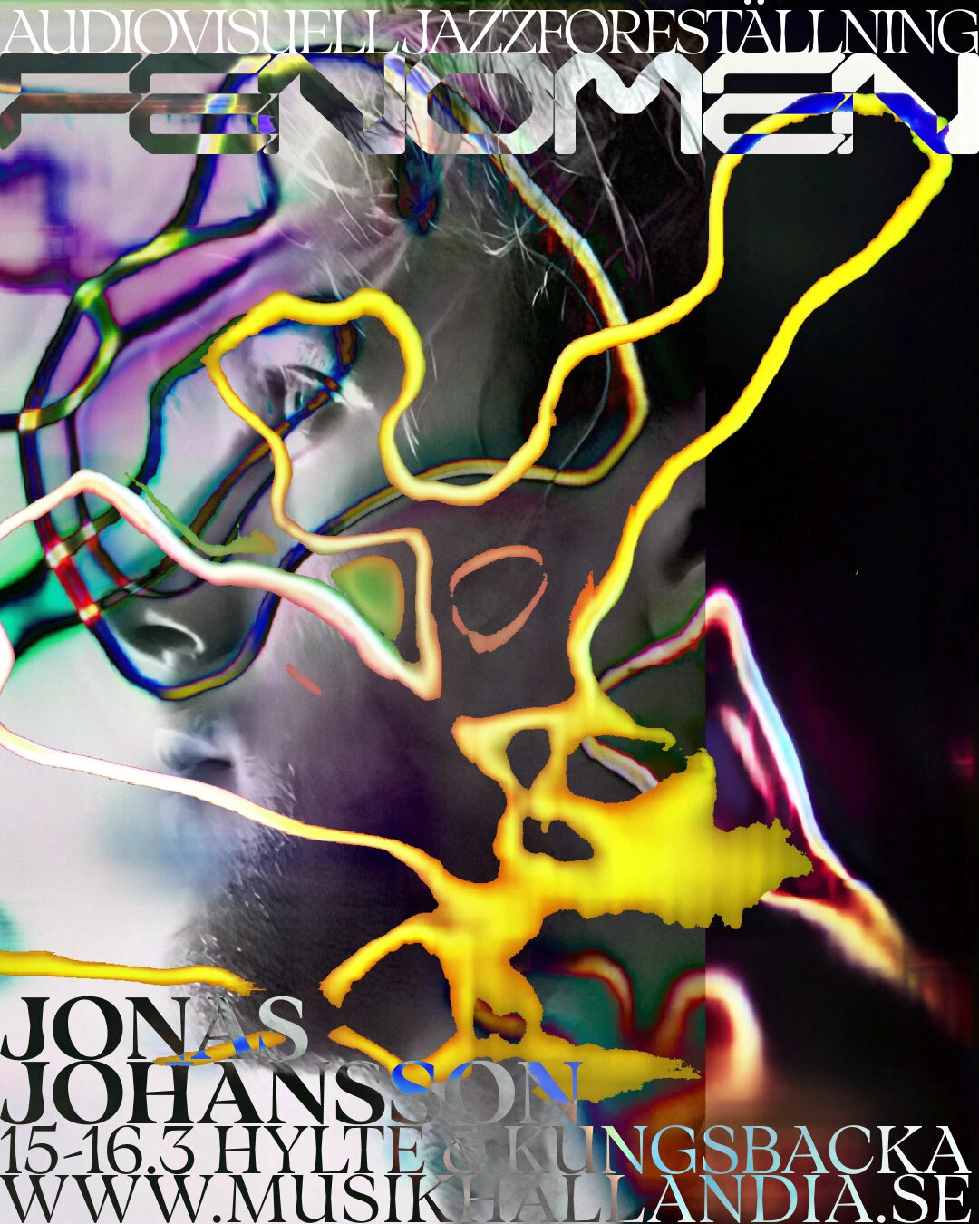 Campaign portrait of Jonas Johansson, the face overlaid with flowing neon lines under the Fenomen title.