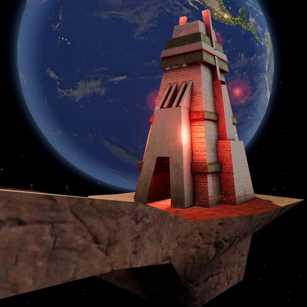The red tower stands in front of Earth while players cross the asteroid bridge below.