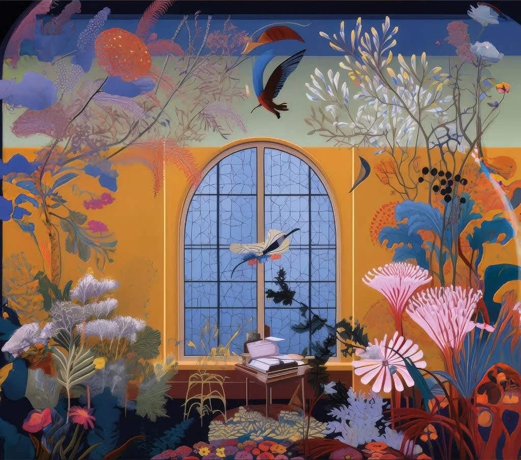 The inside panel of the digipack: an arched window with a bird in flight, framed by pale trees and pink flowers on a yellow wall.