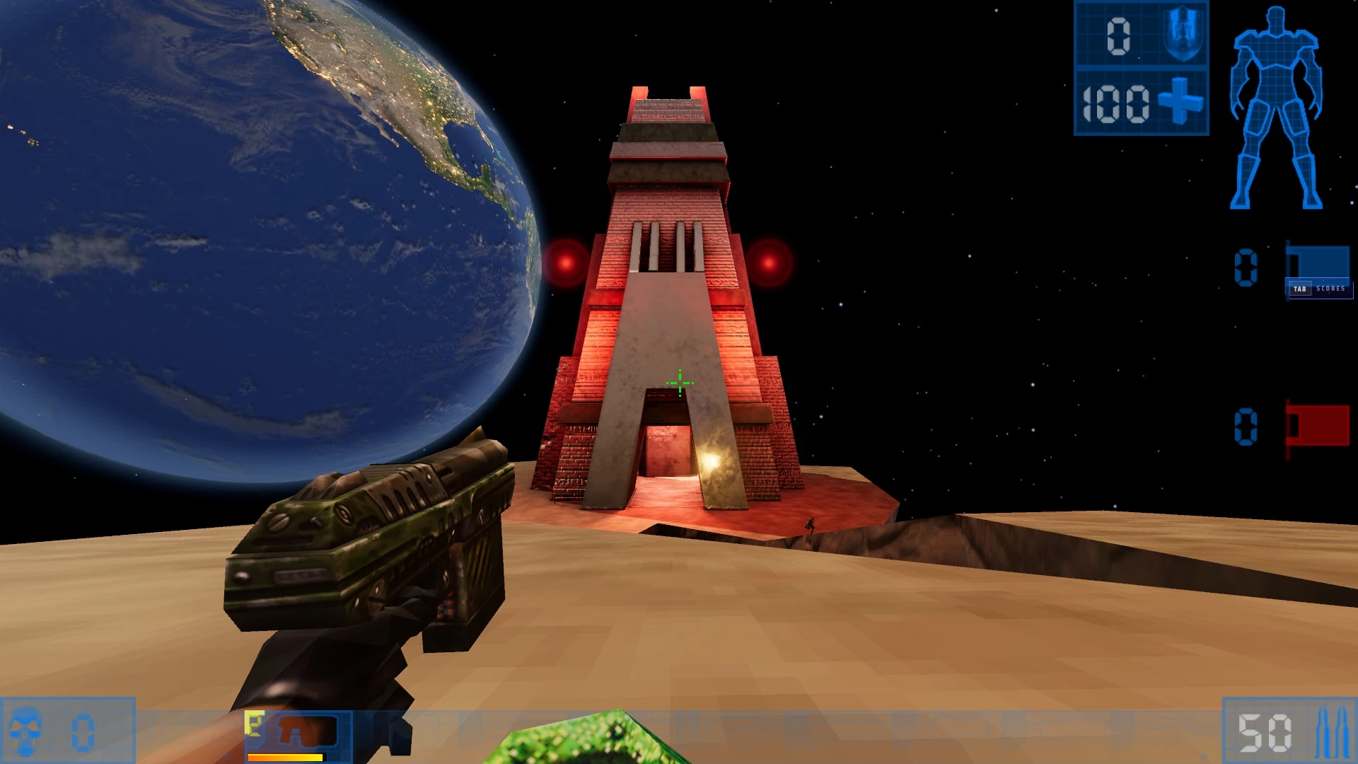 A first-person player aims an Enforcer across the bridge at the red tower while the UT99-style HUD shows health, ammunition and both flags.