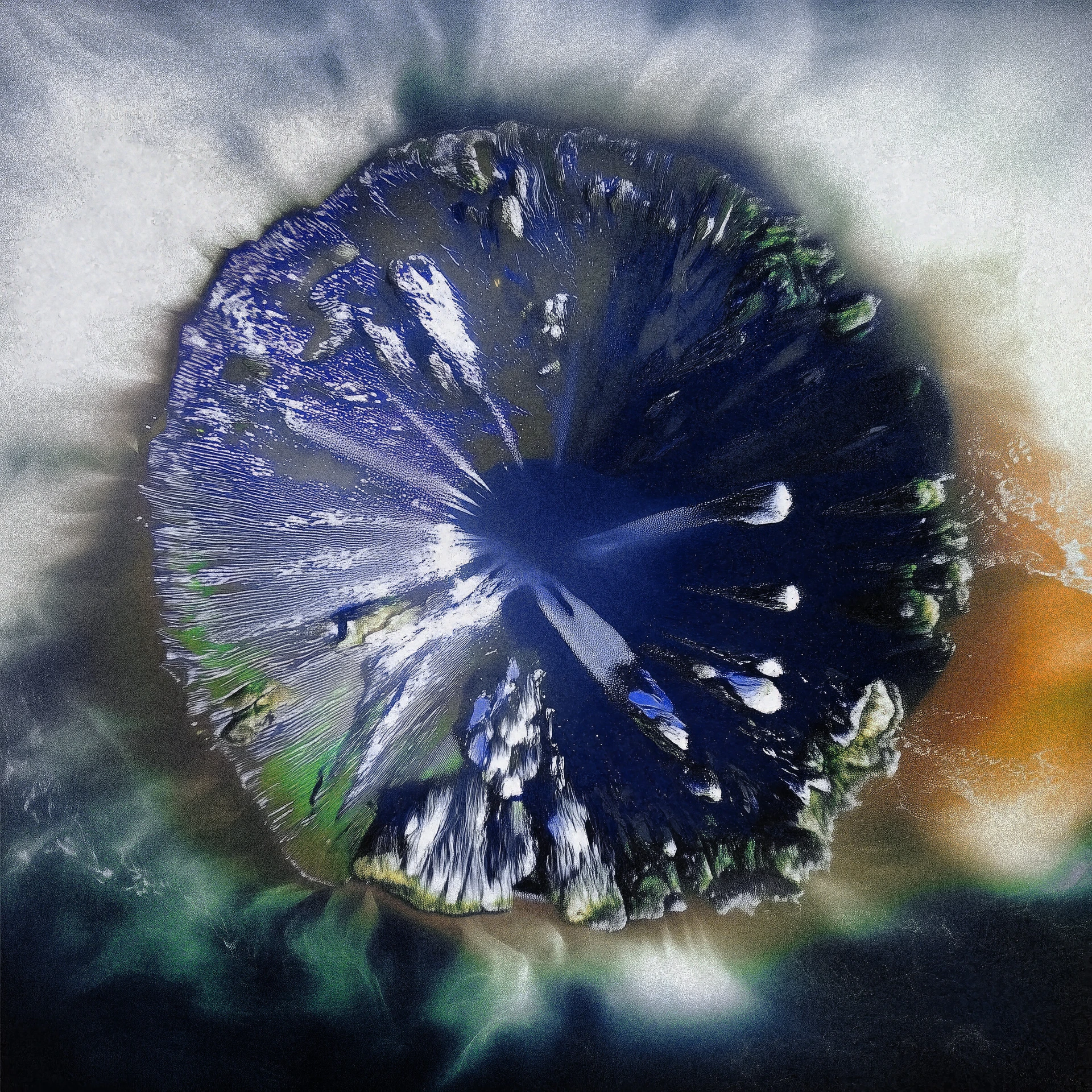Single artwork for Spinning Downwards: a dark whirling vortex in the sea, seen from above.