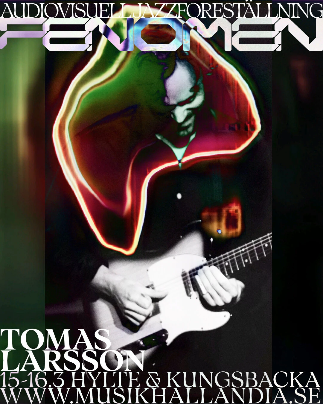 Campaign portrait of Tomas Larsson, the face overlaid with flowing neon lines under the Fenomen title.