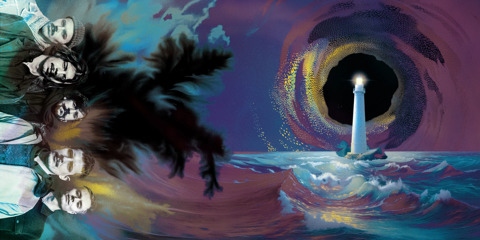 The full Viewpoint artwork: two mirrored faces in profile frame a swirling sea, with the lighthouse shining from the centre of the vortex.