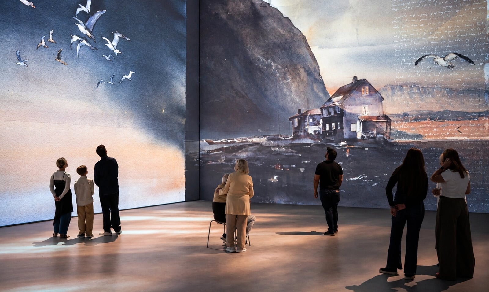An installation view of Det Mörka Ljuset, with visitors surrounded by Lars Lerin's watercolours of birds, mountains and a house by the sea.
