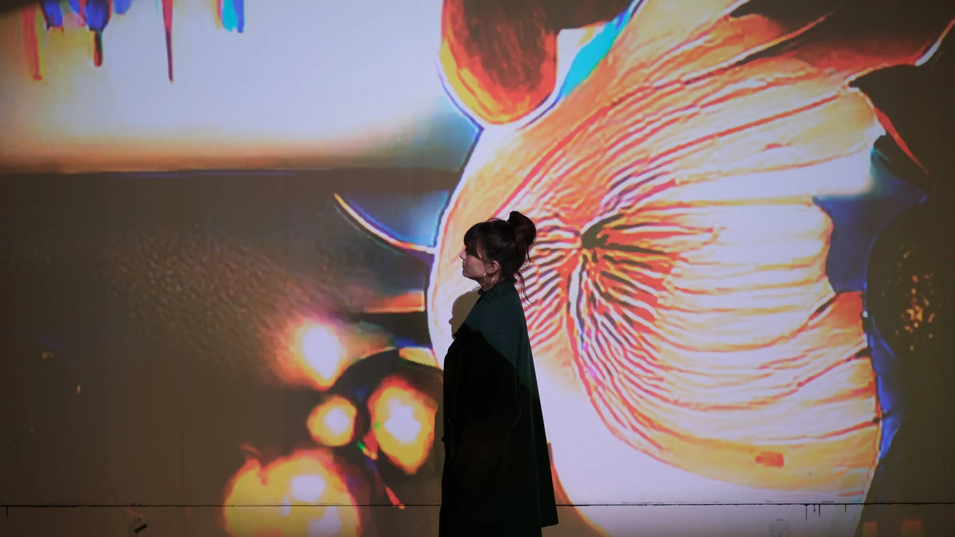 A visitor in profile silhouette stands against a projected orange and white flower with radiating lines.