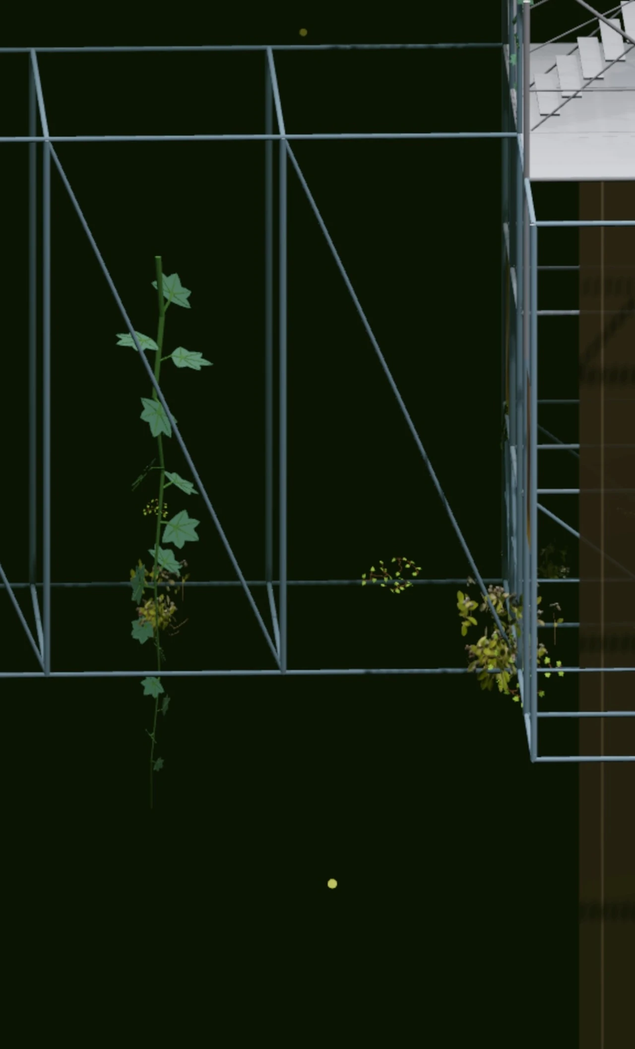 A frame from the ODE JOY website with its writing hidden: a vine climbing pale scaffolding on a dark green ground.