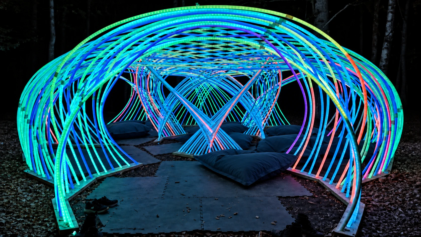 Looking through Kagora's entrance, turquoise and blue arches overlap above empty blue cushions, with pink light deeper inside.