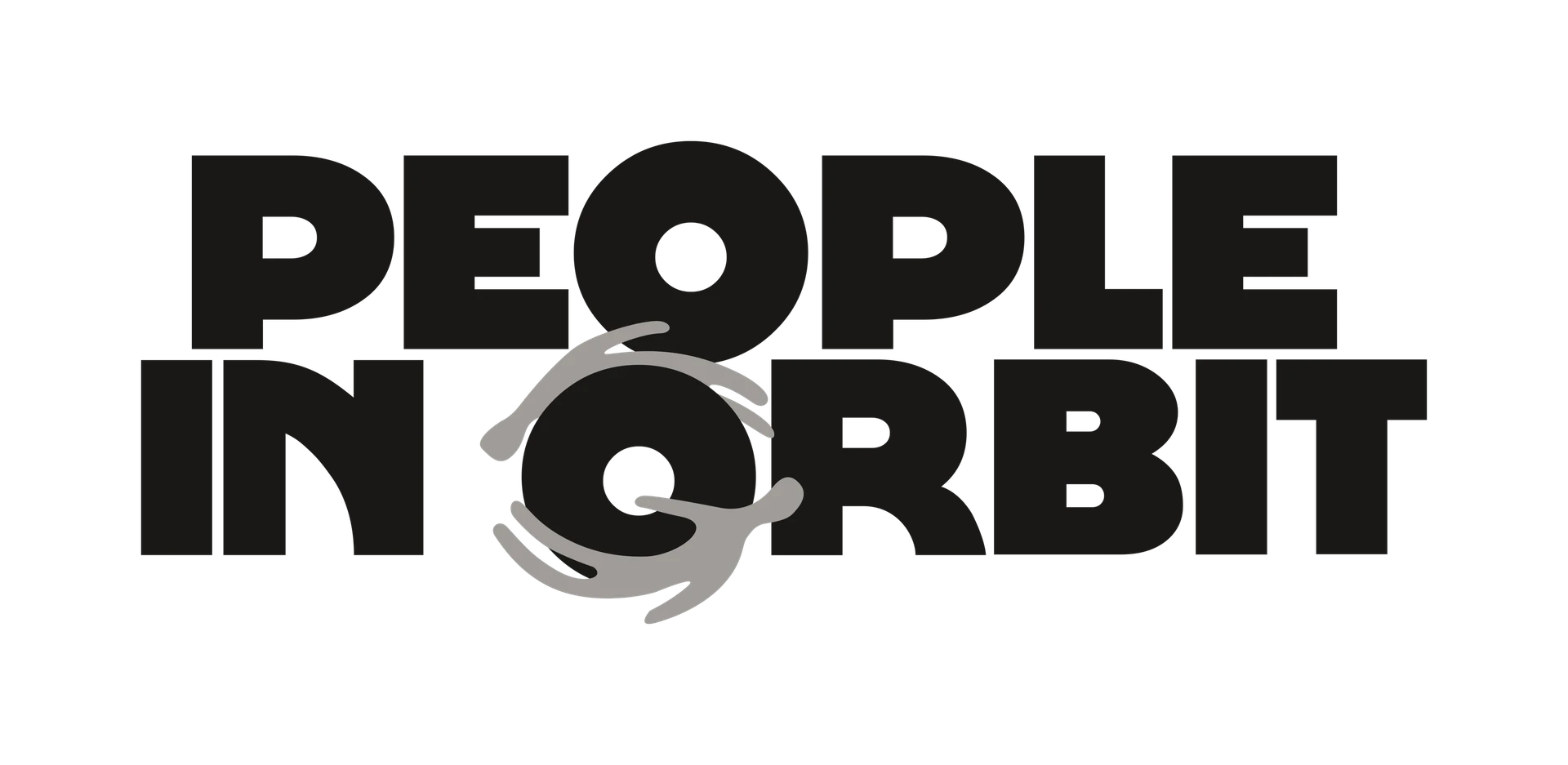 The People in Orbit name sign: black capitals, with the logo's grey hands orbiting the O of Orbit.