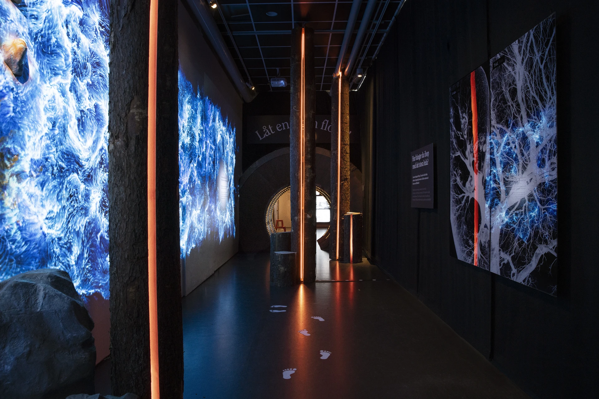 Amber LED light glows from channels inside split tree trunks, surrounded by blue river and tree projections in a dark room.