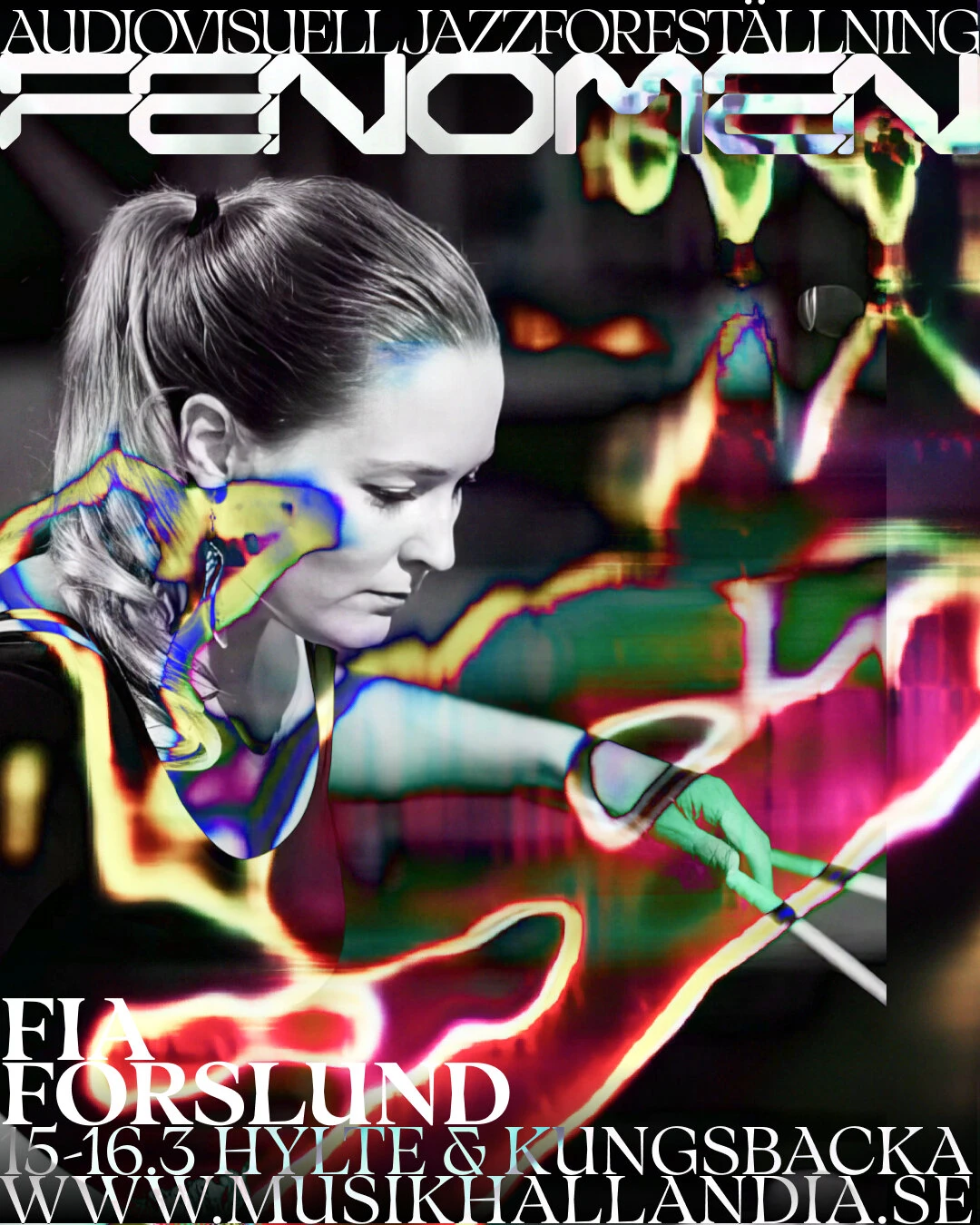 Campaign portrait of Fia Forslund, the face overlaid with flowing neon lines under the Fenomen title.