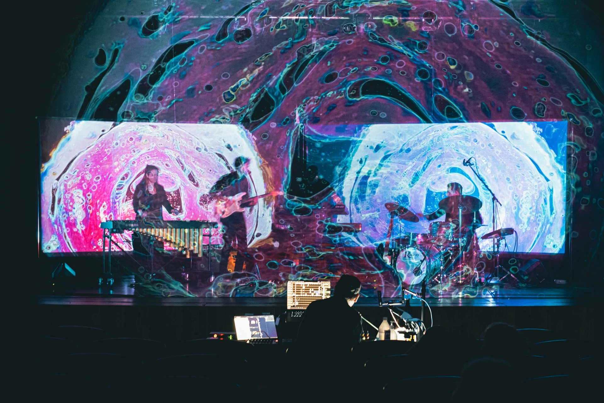 Marbled pink and blue imagery covers the stage; in the dark stalls, a desk holds laptops, bottles and a microscope.