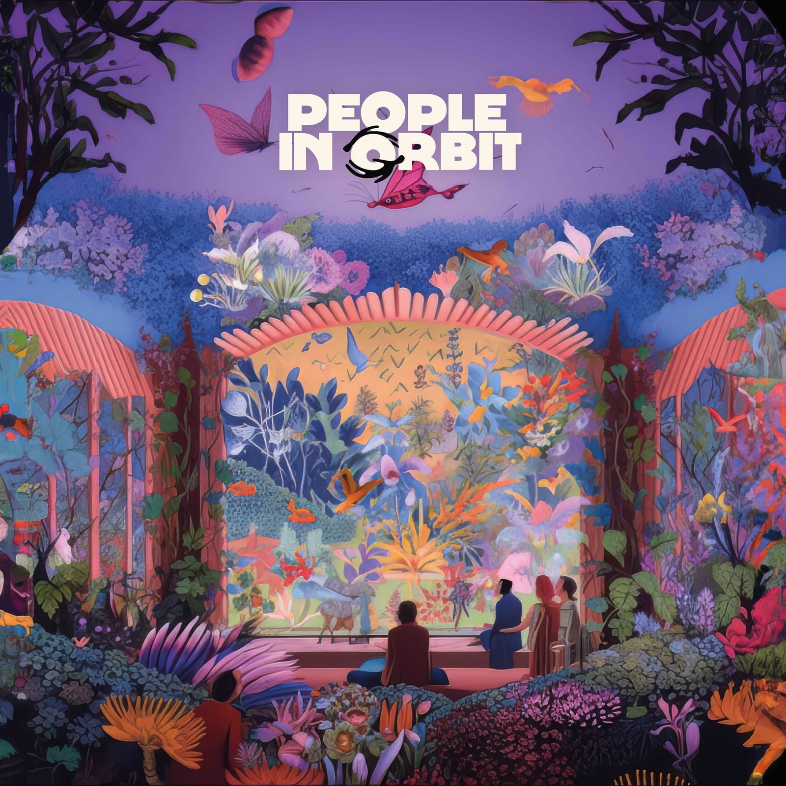 The Close/Away album cover: a dense botanical world in purple, pink and green, with figures seated before a glowing stage and the band name above.