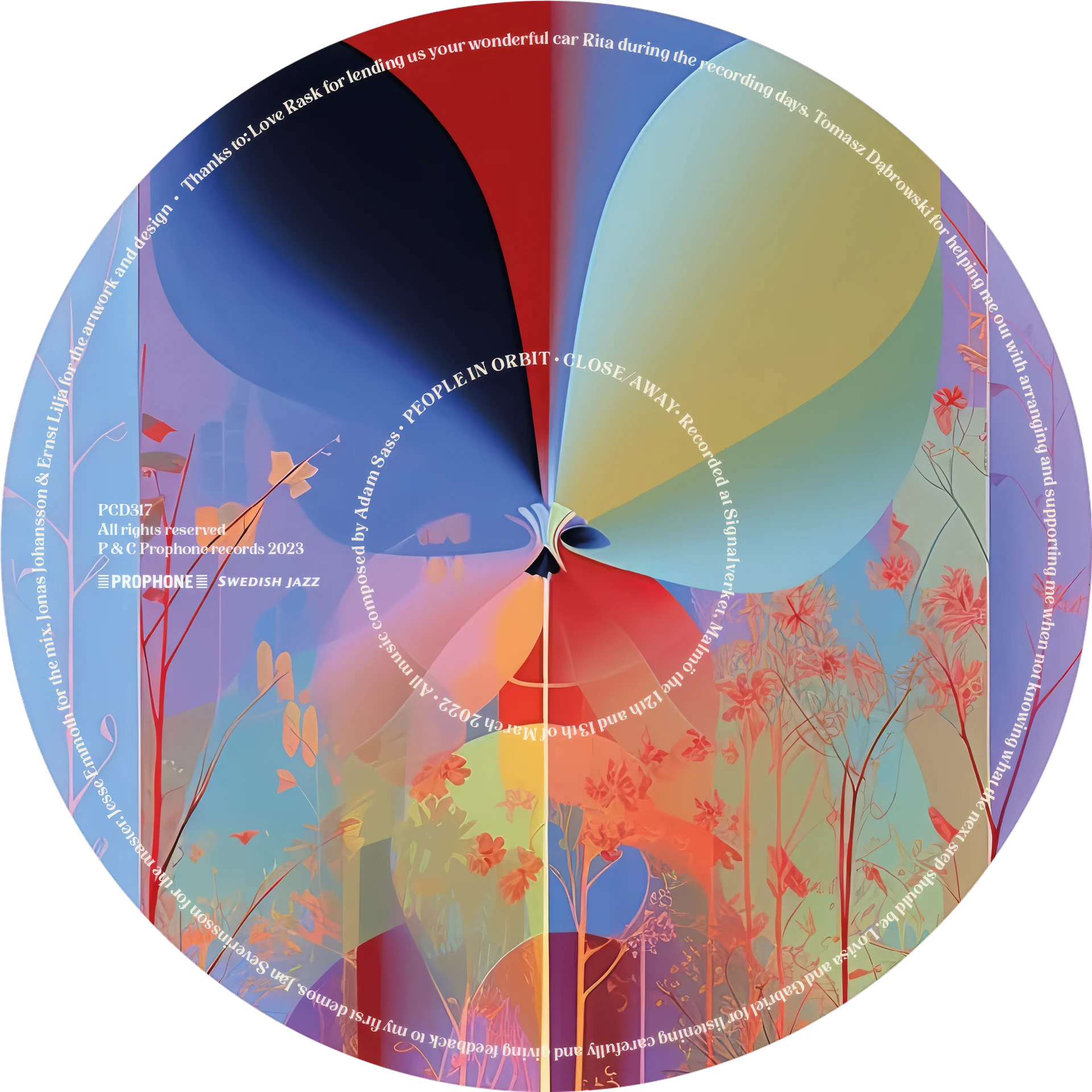 The Close/Away vinyl label, a circle of overlapping coloured petals and plants with the credits running around the edge.