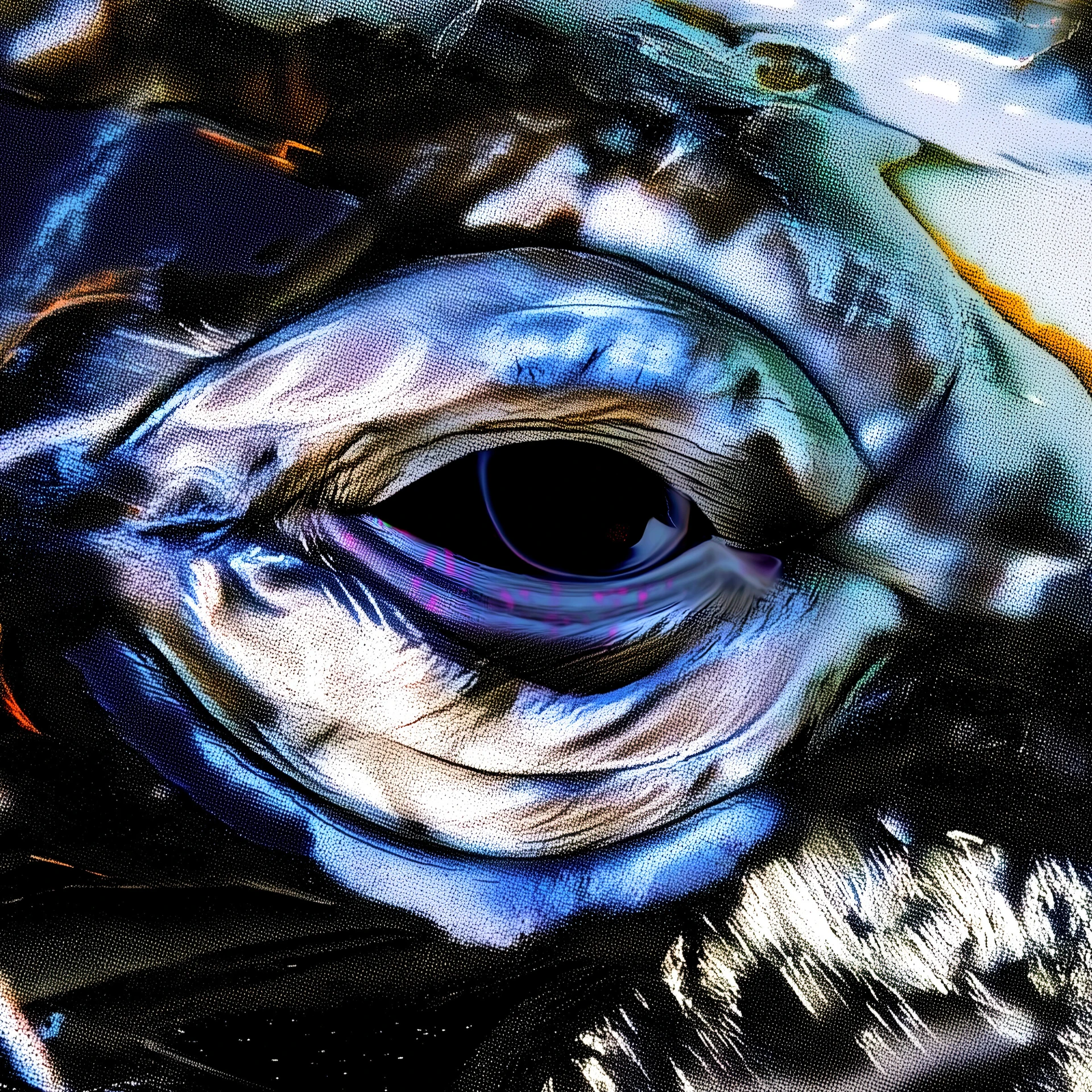 Single artwork for Synchronized Whalestuff: a close view of a whale's eye in blue, silver and black.