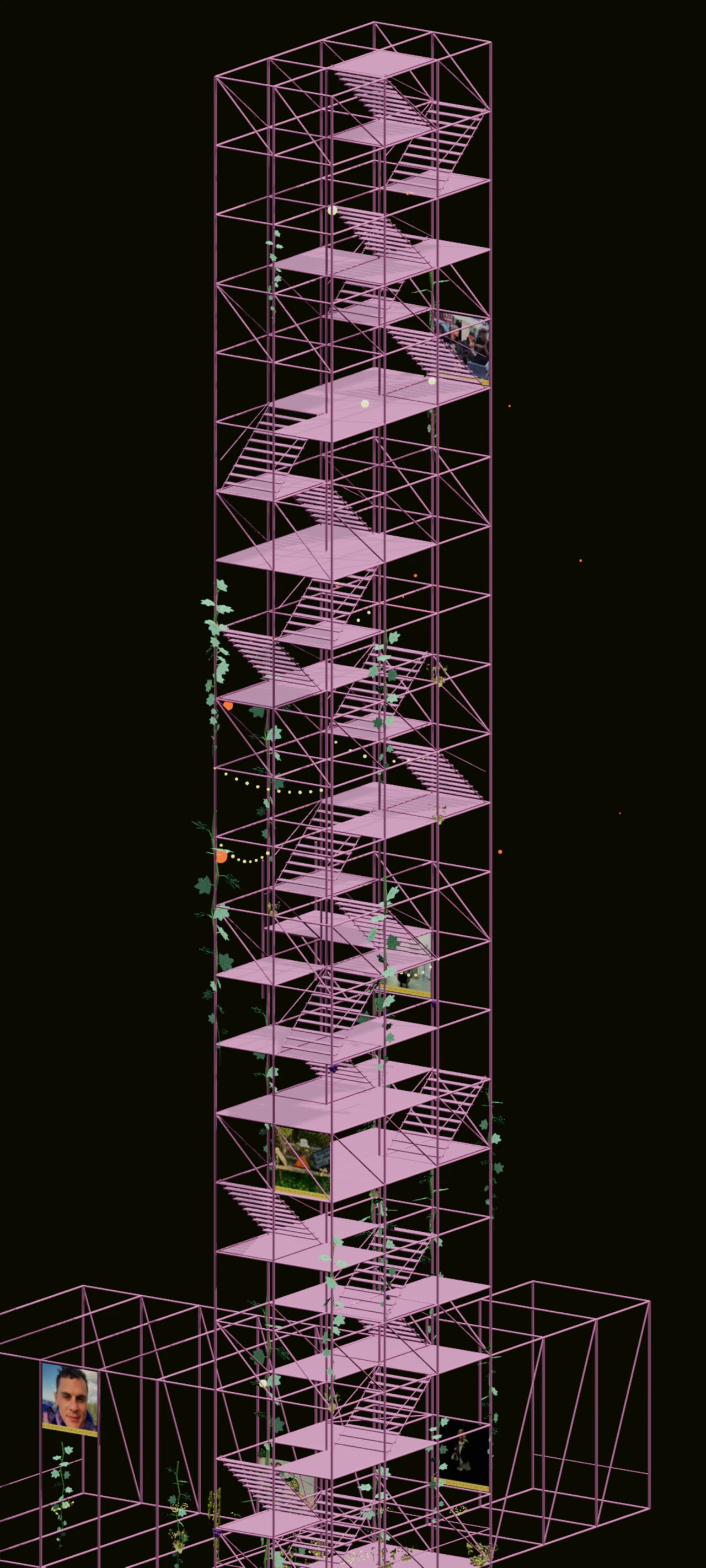 The summit of the tower in pink light, the last cage at its foot and the stairs running up past the top of the frame.