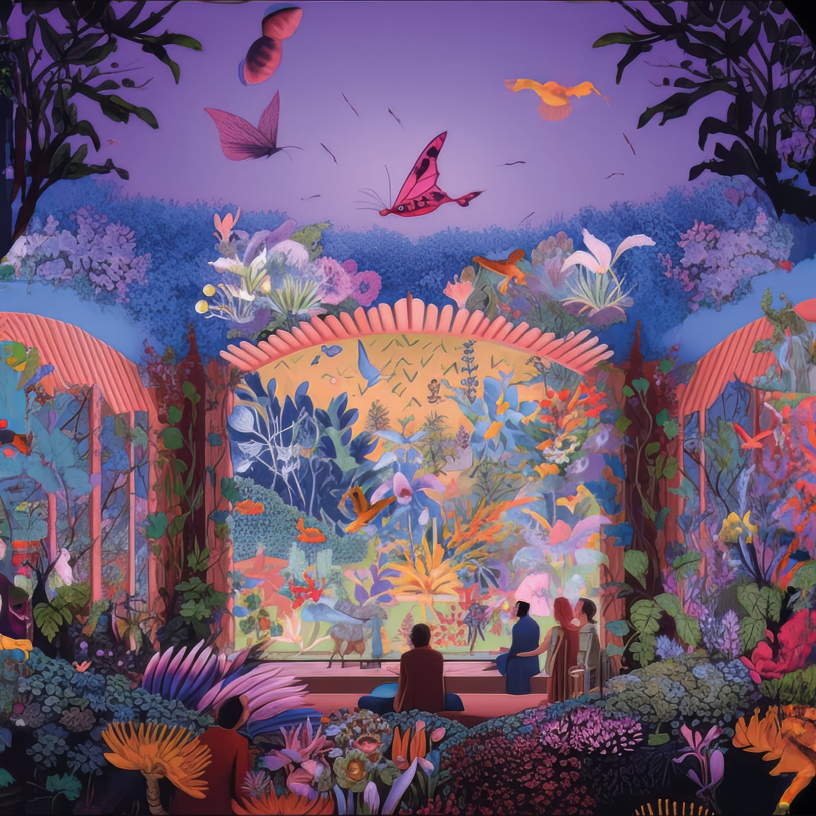 The Close/Away album artwork without its type: a dense botanical world in purple, pink and green, with figures seated before a glowing stage under a violet sky.