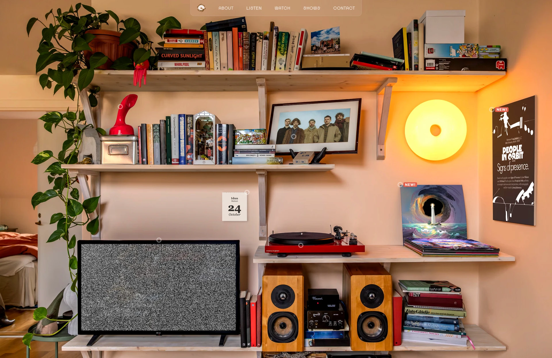 The People in Orbit website: a photographed living-room shelf with books, records, a turntable, speakers, a glowing lamp, a band photo, a static-filled TV and a red phone, with About, Listen, Watch, Shows and Contact across the top and a Signs of Presence poster on the wall.