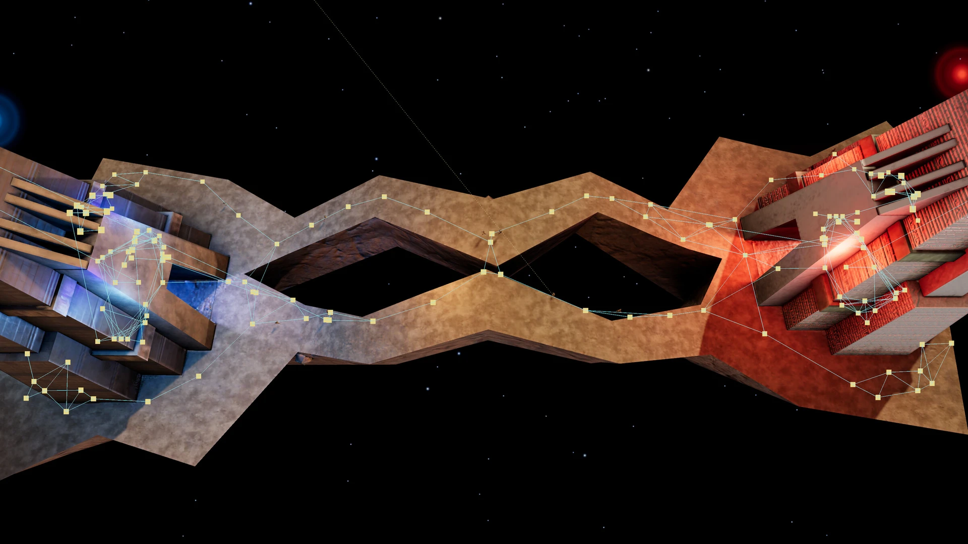 The original CTF-Face navigation network is drawn as hundreds of connected lines across the two towers and bridge.