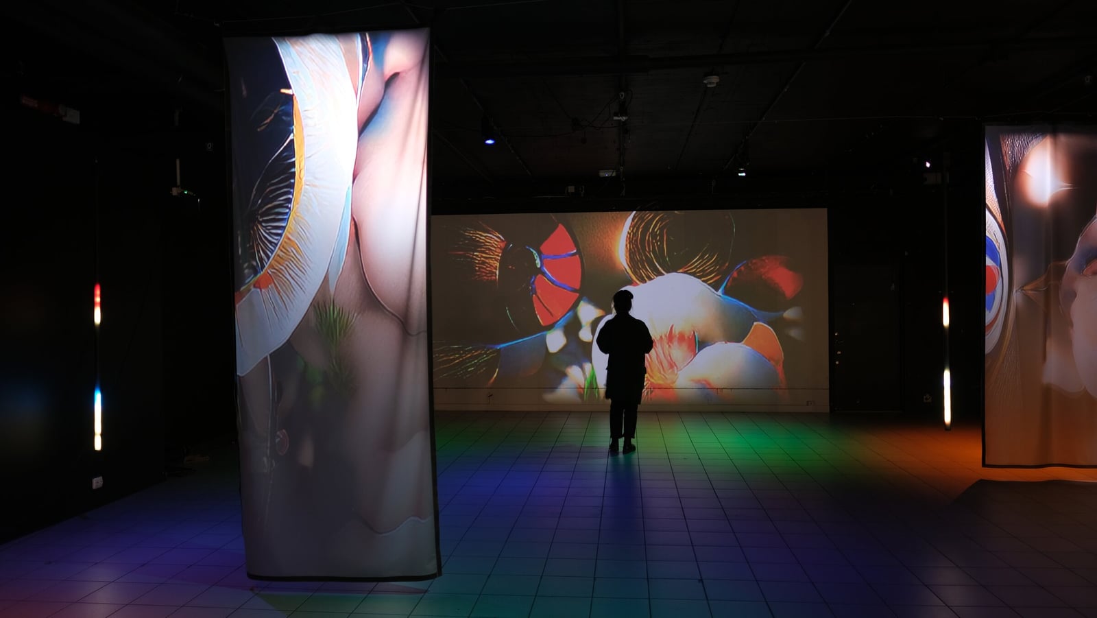 A visitor stands in silhouette before a wall projection of AI-generated flowers in a dark room, a tall hanging scrim lit with flowers in front and pools of blue, green and orange light on the floor.