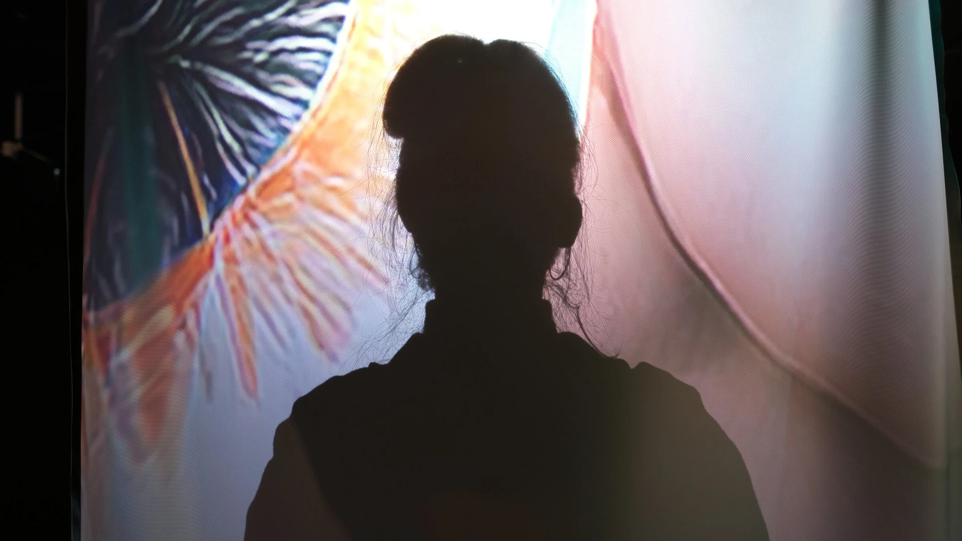 The dark outline of a visitor's head and shoulders against a scrim lit with a pale blossom and fine red veins.