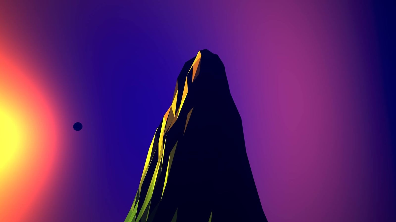 A sharply faceted dark mountain catches golden light against a violet sky and orange sun.