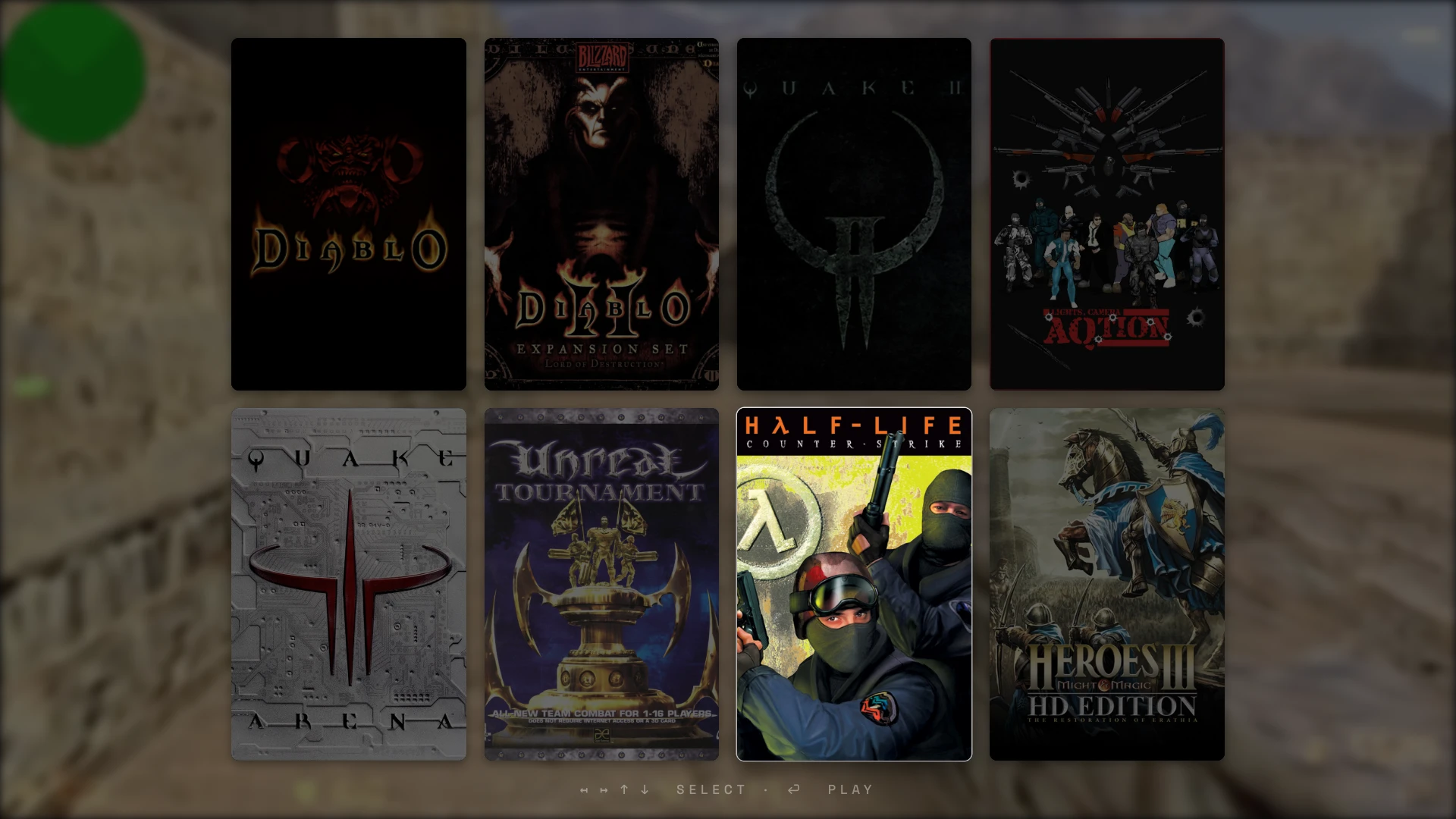 The custom BorderLAN launcher shows all eight game covers, with Counter-Strike 1.6 selected.