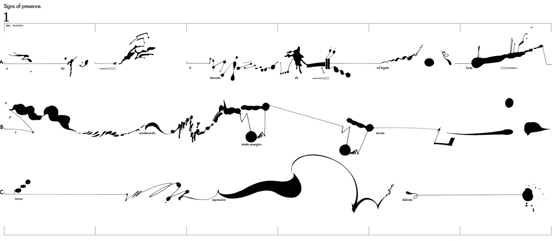 The first sheet of the 1978 score, cleaned up from the photographed original: ink marks, splashes and lines along three timed staves.