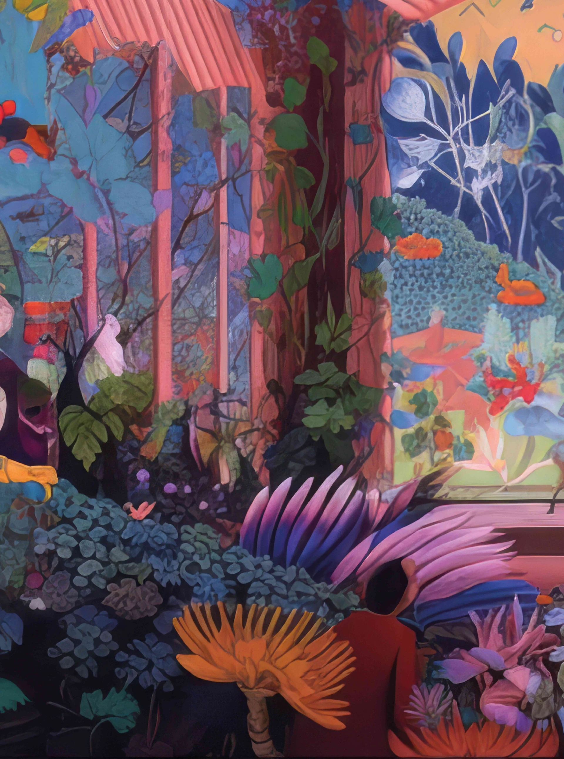 Detail of the left side of the front cover: dense foliage in blue, green and orange with a seated figure in red.