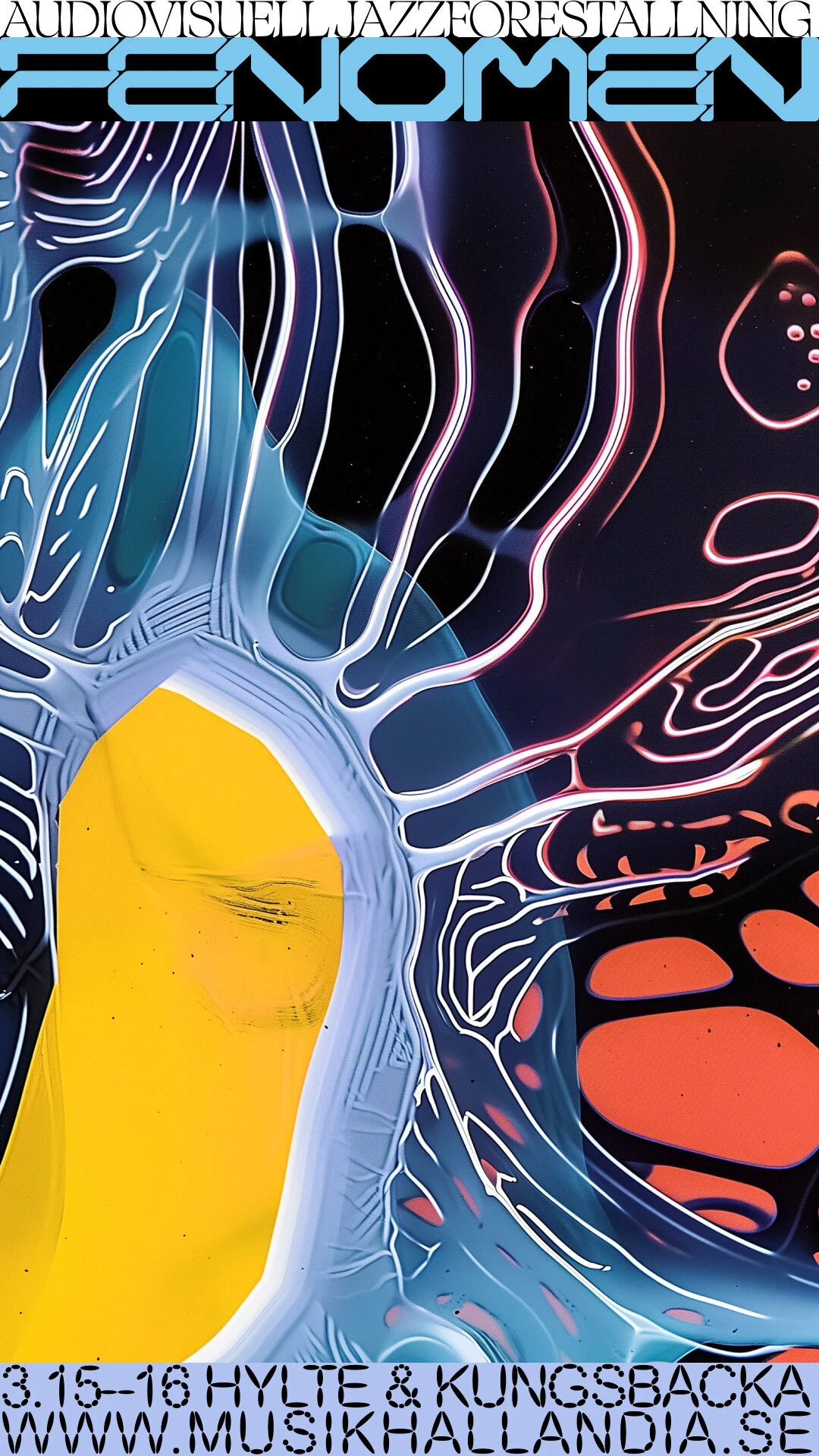Fenomen poster: a pale blue branching form, like a nerve or a tree, against yellow and black.