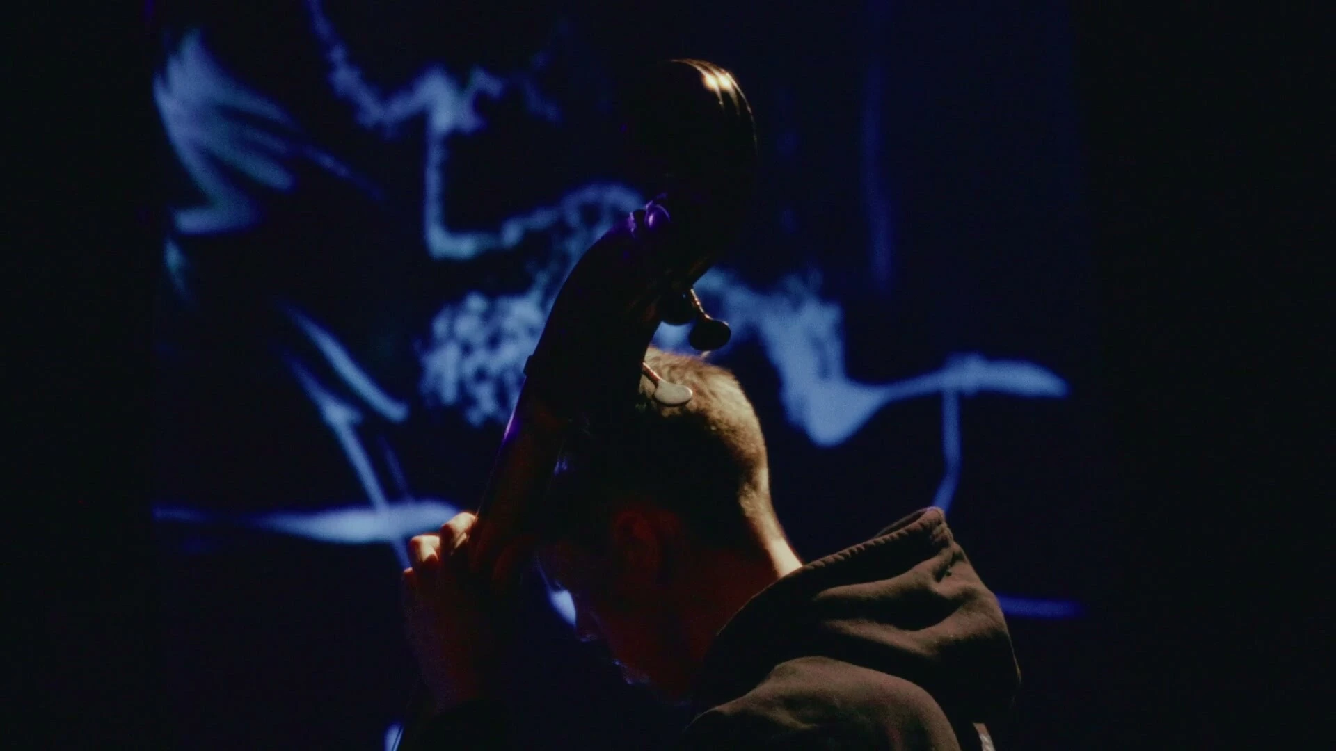 The double bass player seen from behind, the scroll of the bass against a wall of projected white marks.