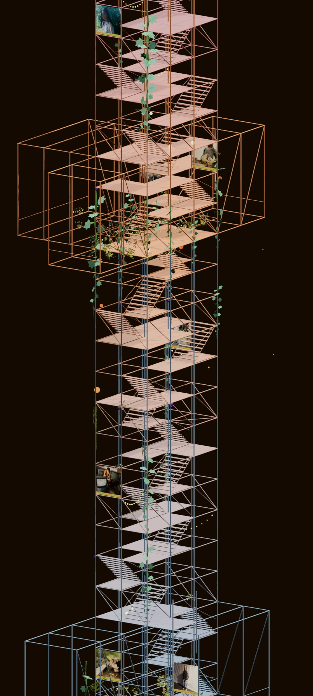 The ground of the ODE JOY tower, rendered without its writing: stairs and platforms in terracotta and white, a stage cage around the lowest floors, a vine already climbing.