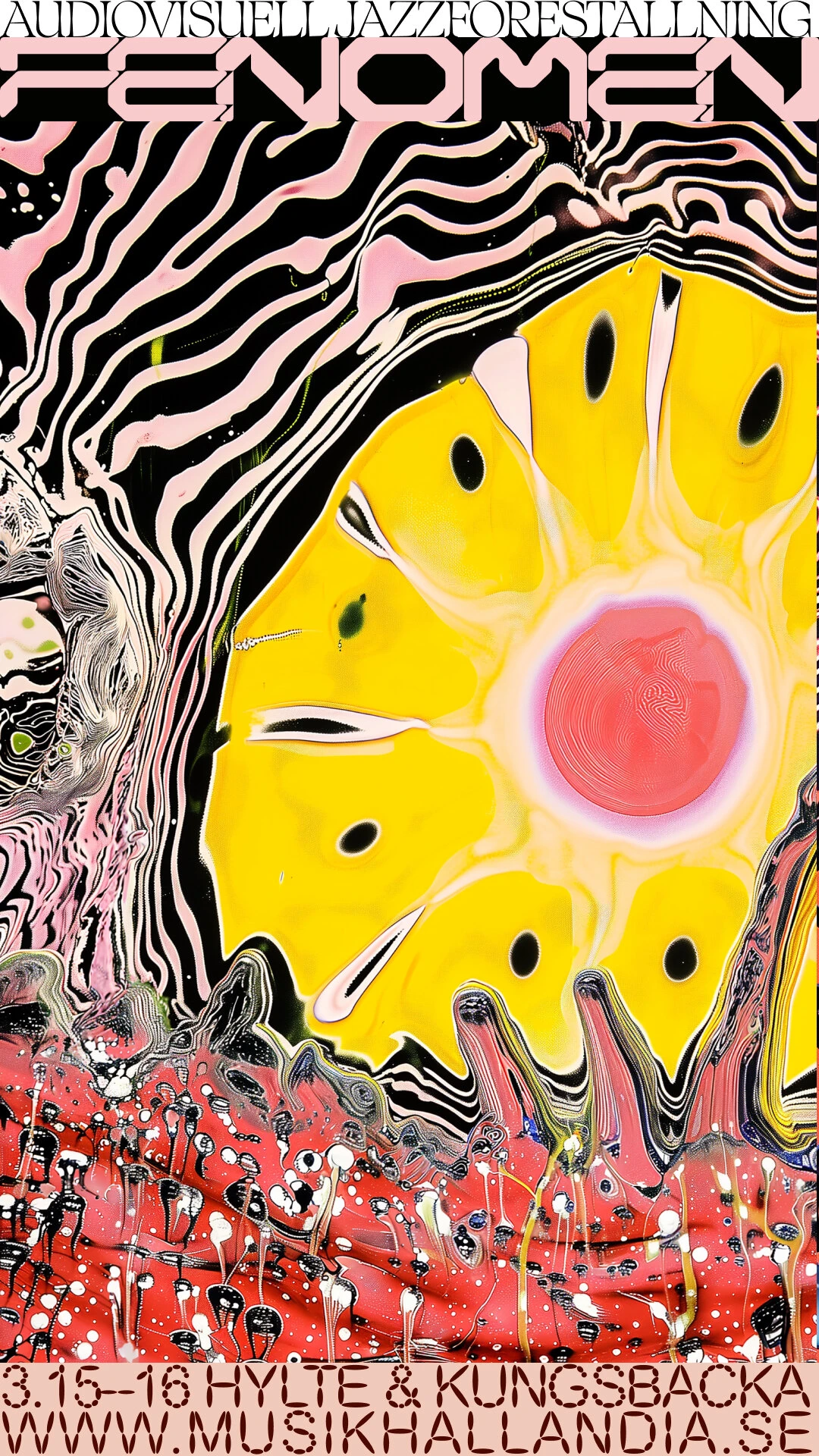 Fenomen poster: a yellow flower-like sun with a pink core above a red speckled ground.