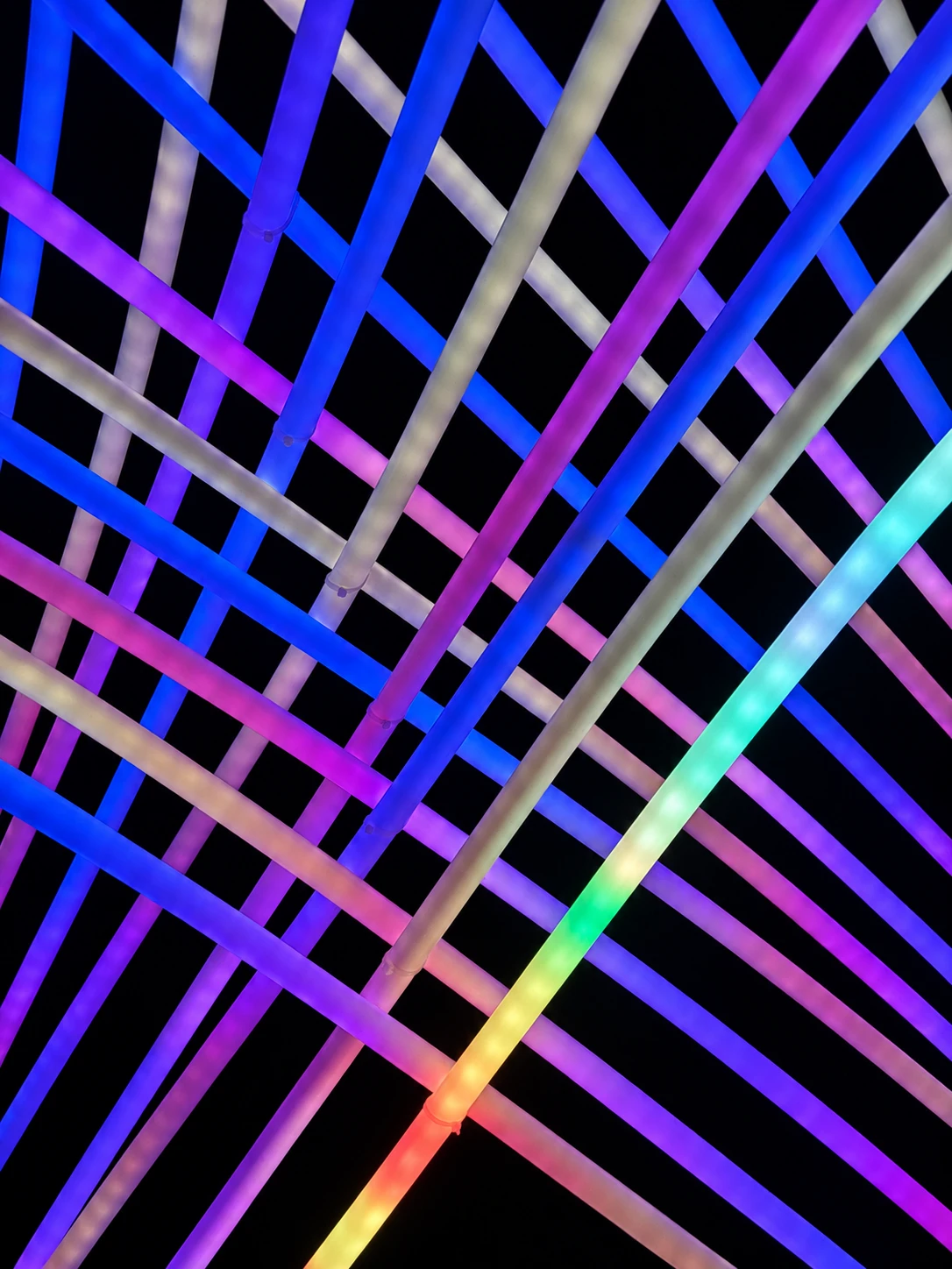A close view of diagonal tubes crossing in a dense weave of pink, violet, blue and green light against the dark.